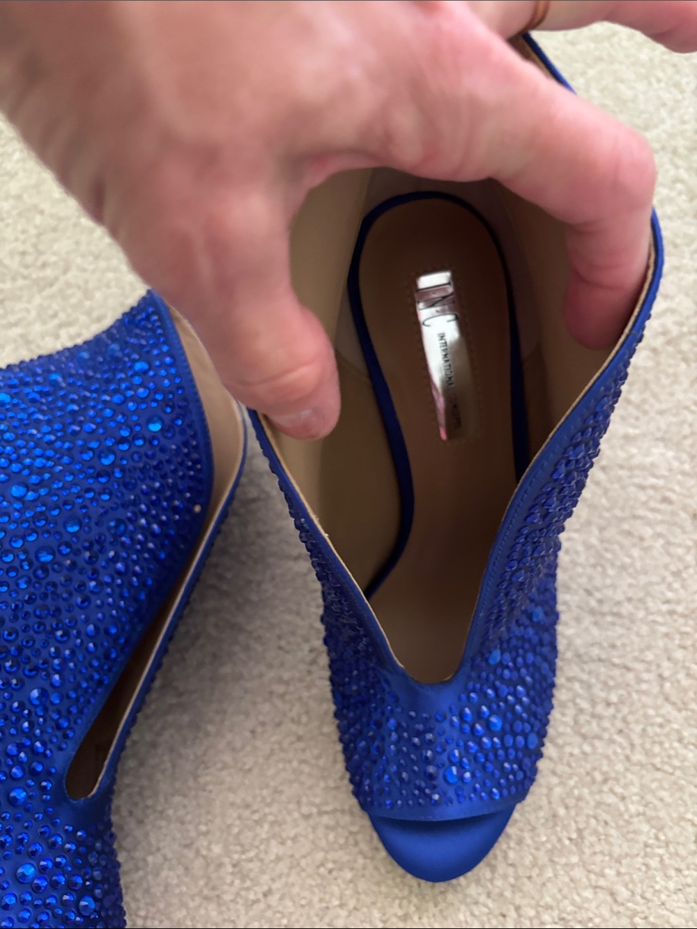 NWOT INC Blue Crystal Embellished Peep-Toe High Heel Booties - Picture 8 of 8